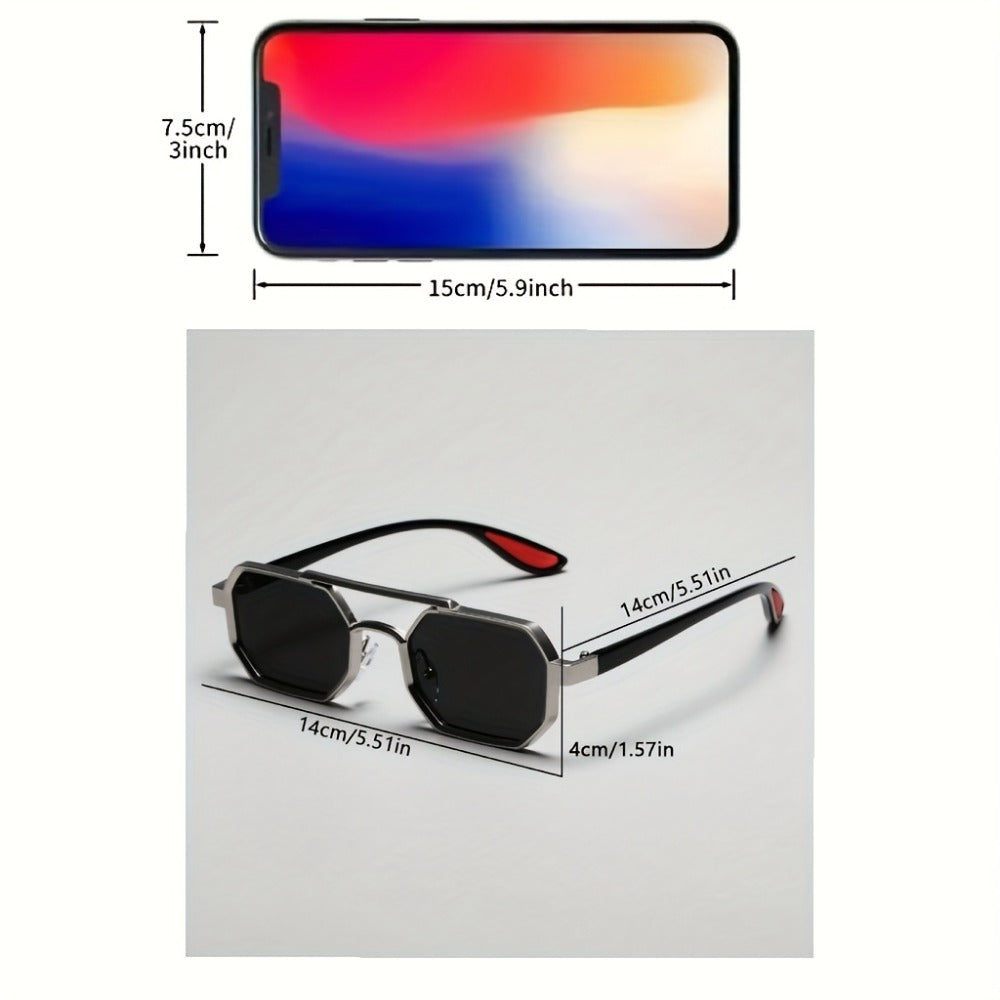 Fashion Sunglasses - Double Bridge Unisex Geometric Metal Frame, AC UV Lenses, Silver Eyewear - product detail view 2