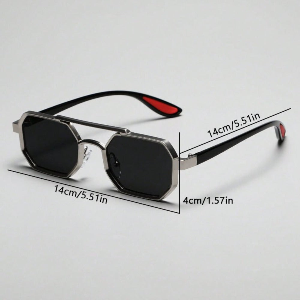 Fashion Sunglasses - Double Bridge Unisex Geometric Metal Frame, AC UV Lenses, Silver Eyewear - product detail view 4