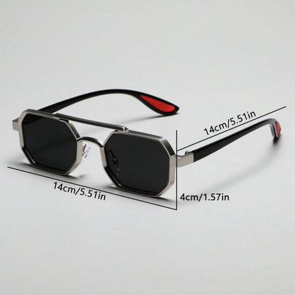 Fashion Sunglasses - Double Bridge Unisex Geometric Metal Frame, AC UV Lenses, Silver Eyewear - product detail view 4