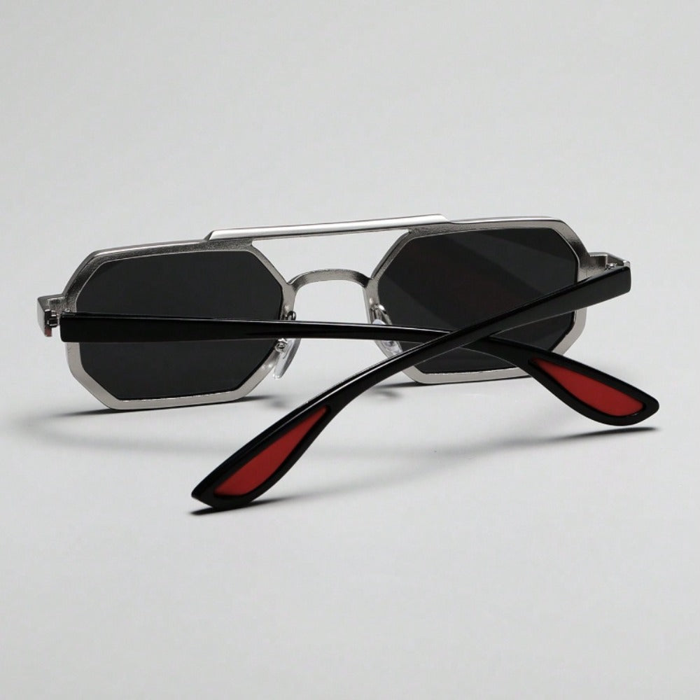 Fashion Sunglasses - Double Bridge Unisex Geometric Metal Frame, AC UV Lenses, Silver Eyewear - product detail view 5