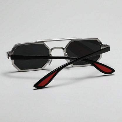 Fashion Sunglasses - Double Bridge Unisex Geometric Metal Frame, AC UV Lenses, Silver Eyewear - product detail view 5