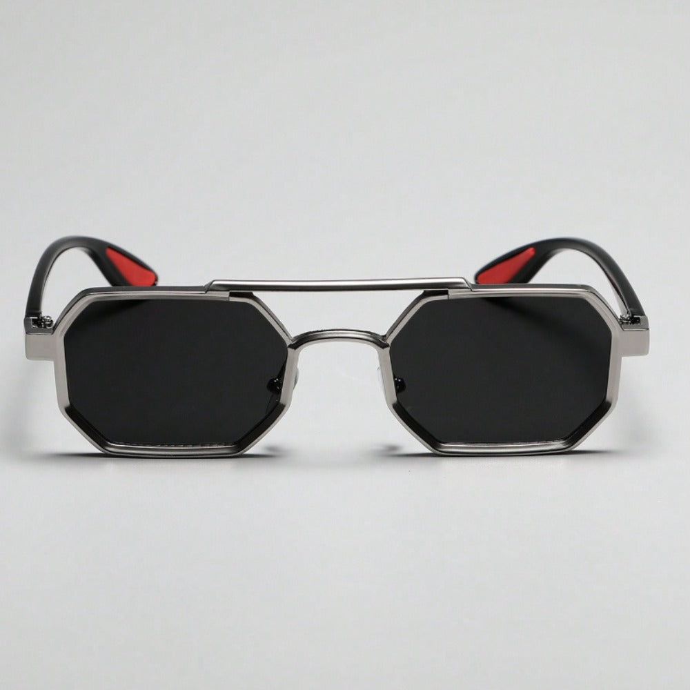 Fashion Sunglasses - Double Bridge Unisex Geometric Metal Frame, AC UV Lenses, Silver Eyewear - product detail view 6