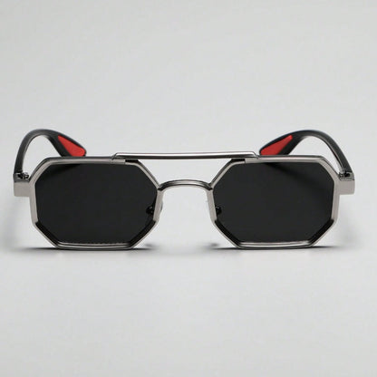 Fashion Sunglasses - Double Bridge Unisex Geometric Metal Frame, AC UV Lenses, Silver Eyewear - product detail view 6