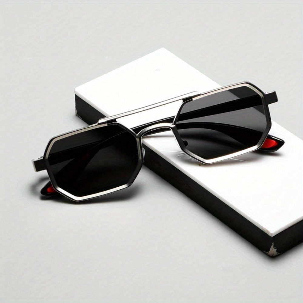 Fashion Sunglasses - Double Bridge Unisex Geometric Metal Frame, AC UV Lenses, Silver Eyewear - product detail view 7