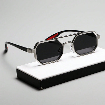 Fashion Sunglasses - Double Bridge Unisex Geometric Metal Frame, AC UV Lenses, Silver Eyewear - product detail view 8