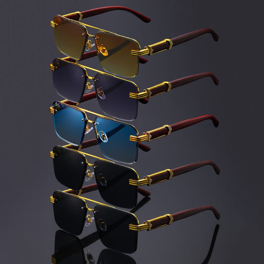 Fashion Sunglasses - Rimless Glasses 5 Pack Double Bridge Wooden Temple Polycarbonate Lenses - product detail view 2