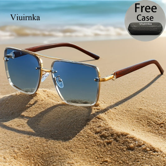 Fashion Sunglasses - Square Double Bridge Wood Grain Gold Frame Gradient Lenses Unisex Retro - main product view