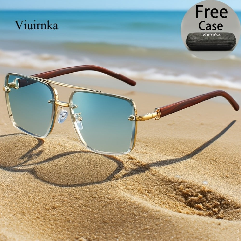 Fashion Sunglasses - Square Double Bridge Wood Grain Gold Frame Gradient Lenses Unisex Retro - product detail view 2