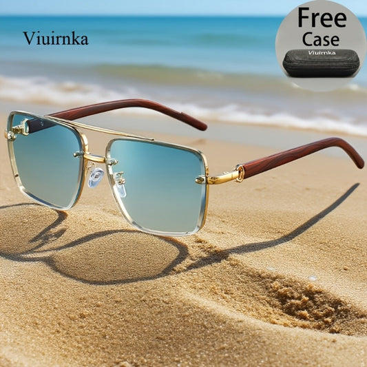 Fashion Sunglasses - Square Double Bridge Wood Grain Gold Frame Gradient Lenses Unisex Retro - product detail view 2