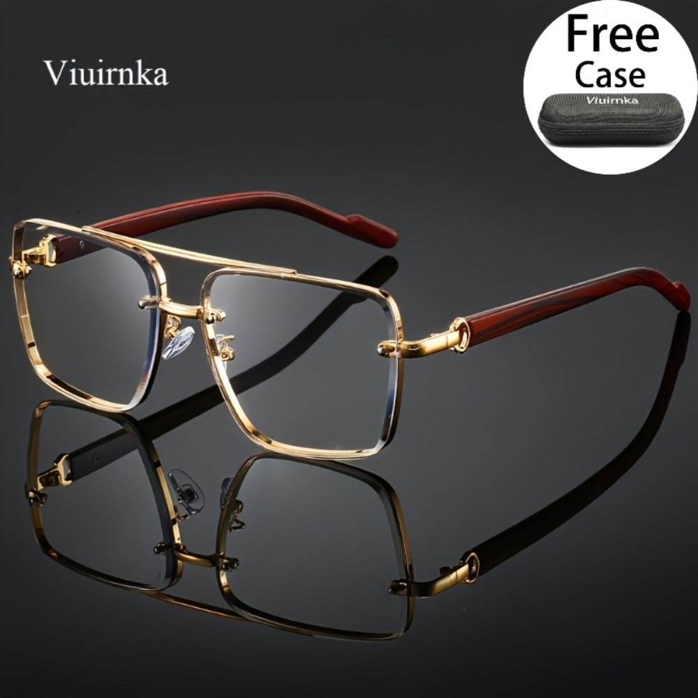 Fashion Sunglasses - Square Double Bridge Wood Grain Gold Frame Gradient Lenses Unisex Retro - product detail view 4