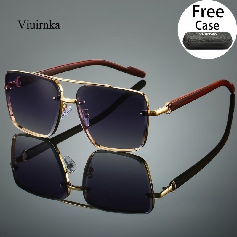 Fashion Sunglasses - Square Double Bridge Wood Grain Gold Frame Gradient Lenses Unisex Retro - product detail view 17