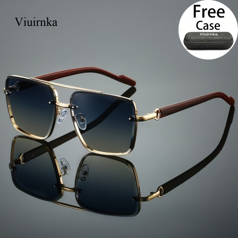 Fashion Sunglasses - Square Double Bridge Wood Grain Gold Frame Gradient Lenses Unisex Retro - product detail view 19