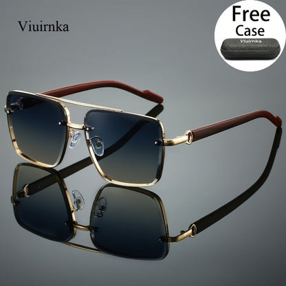 Fashion Sunglasses - Square Double Bridge Wood Grain Gold Frame Gradient Lenses Unisex Retro - product detail view 19