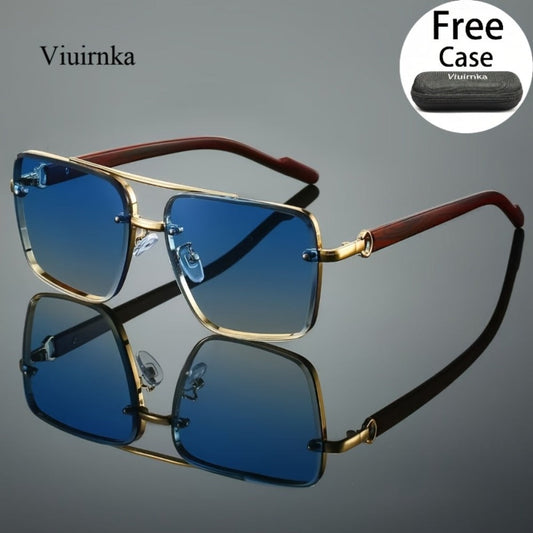 Fashion Sunglasses - Square Wood Grain Temple Double Beam Gold Frame Unisex Retro 7 Gradient - product detail view 2