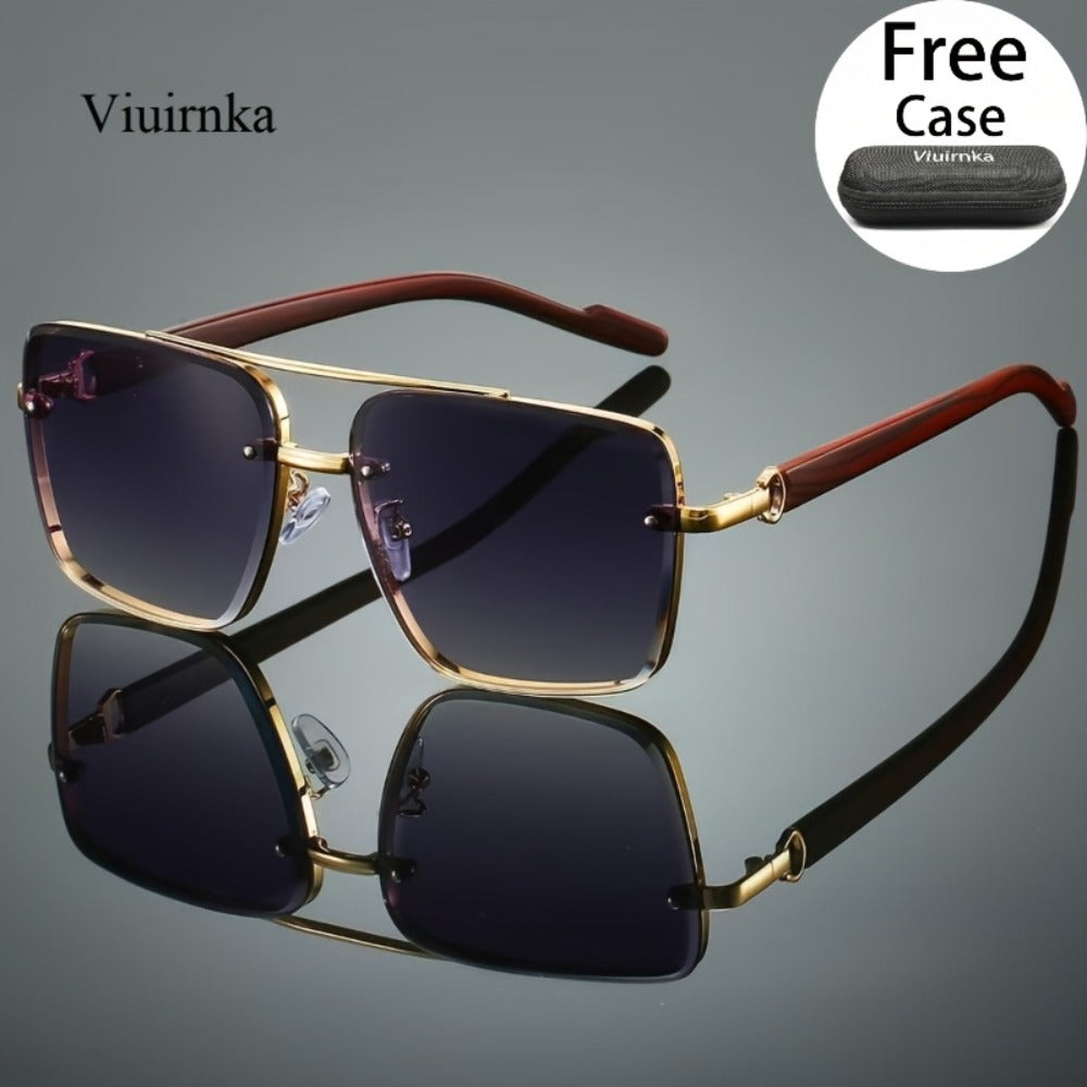 Fashion Sunglasses - Square Wood Grain Temple Double Beam Gold Frame Unisex Retro 7 Gradient - product detail view 3