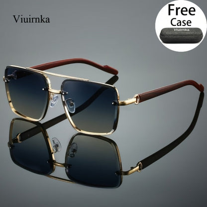 Fashion Sunglasses - Square Wood Grain Temple Double Beam Gold Frame Unisex Retro 7 Gradient - product detail view 6