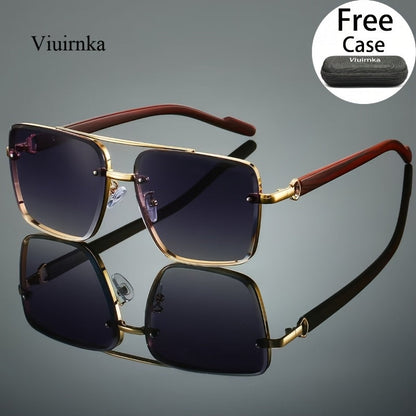 Fashion Sunglasses - Square Wood Grain Temple Double Beam Gold Frame Unisex Retro 7 Gradient - product detail view 11