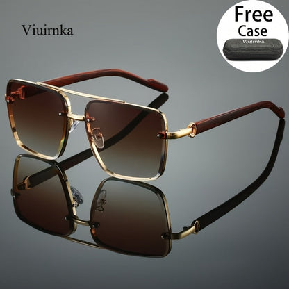 Fashion Sunglasses - Square Wood Grain Temple Double Beam Gold Frame Unisex Retro 7 Gradient - product detail view 12