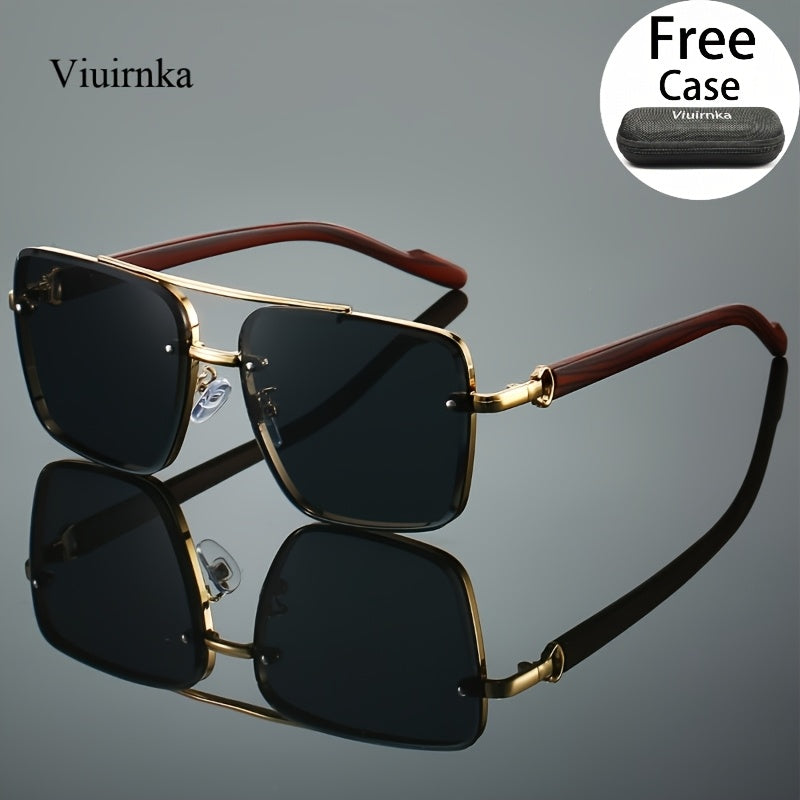 Fashion Sunglasses - Square Wood Grain Temple Double Beam Gold Frame Unisex Retro 7 Gradient - product detail view 16