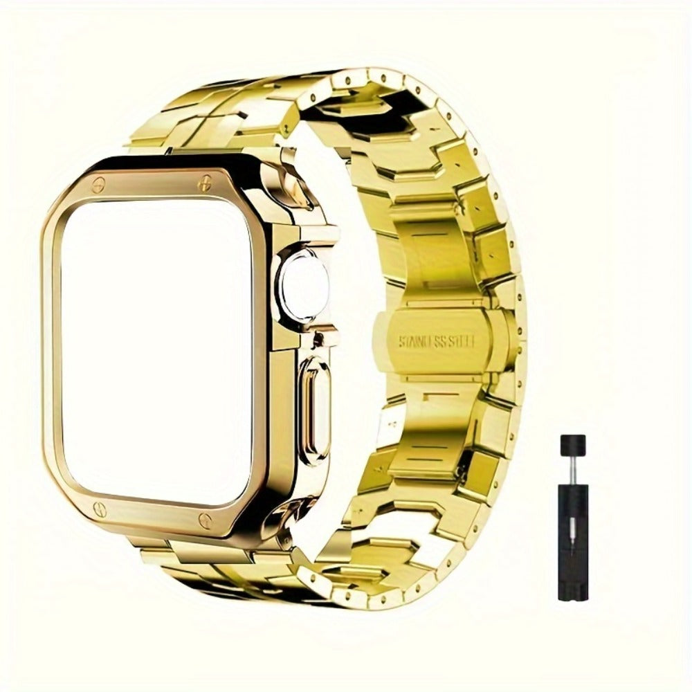 Fashion Watch - Apple Band Stainless Steel Butterfly Clasp Metal Strap with TPU Case - product detail view 5