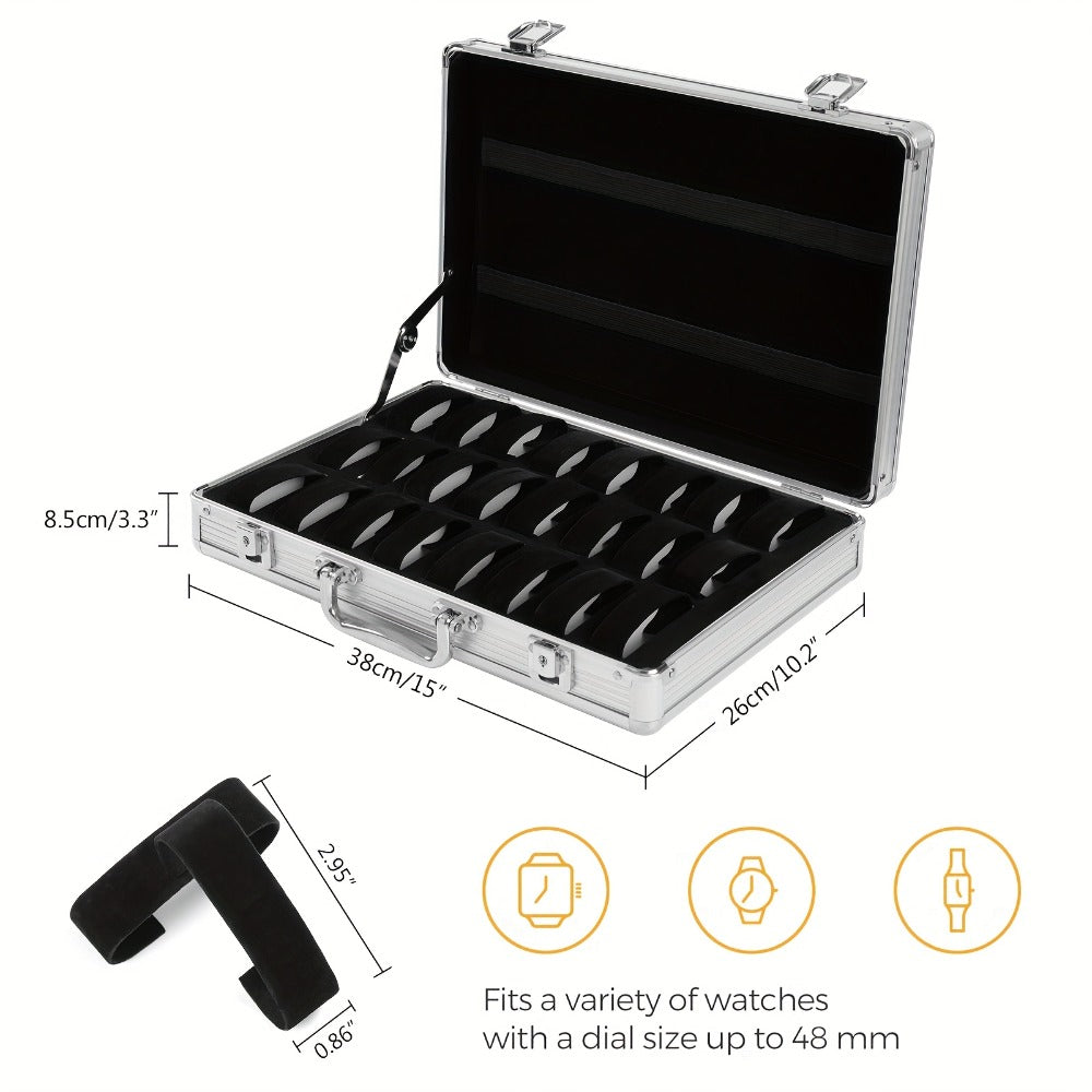 Fashion Watch - Display Case 24 Slot Lockable Aluminum Portable Storage Box with Latch - product detail view 2
