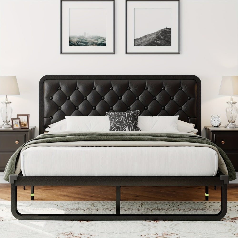 Bed Frame, Platform with Button-Tufted Headboard - Black Faux Leather or Dark Grey Linen shown in the main product view