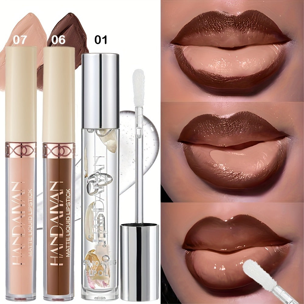 Three-Tube Lip Makeup Set with Clear Silver-Cap Tube and Coordinated Color Pair in Set A, B or C