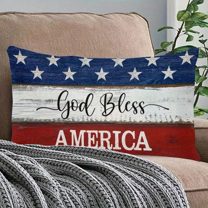 4th of July Throw Pillow Cover 12x20 Inch, God Bless America Patriotic Red White Blue Linen Cushion Case Star Pattern Distressed Wood