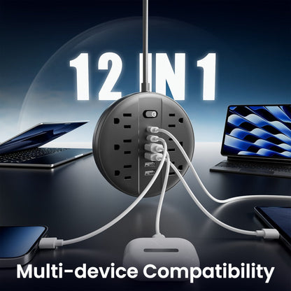 Wall Mount Power Strip Surge Protector 12-in-1 with 6 AC Outlets 4 USB-A 2 USB-C Ports Portable Compact Multi-Outlet Charging Station Wall-Mountable Extension for Home Office School – Black & White