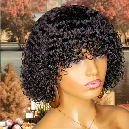 Wavy Elf-Cut Human Hair Wig with Bangs, Rose Mesh Cap and Black 10-Inch Layered Short-Hair Style