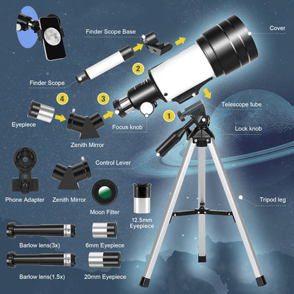 Portable 70 mm Aperture Telescope with Blue or White TS-70300 Models, Tripod, Phone Holder and Eyepieces