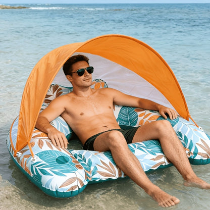 Tropical Leaf Inflatable Pool Lounger with Canopy, Cup Holder, Two Donut Drink Rings and Green or Blue Options