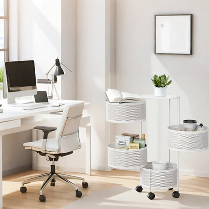 Round-Basket Rolling Storage Rack with Four or Five Mesh Levels, Caster Base and Black or White Finish