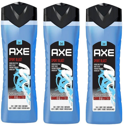 Three-Pack AXE Sport Blast Body Wash with 250ml Blue Flip-Cap Bottles and Matching Front Labels