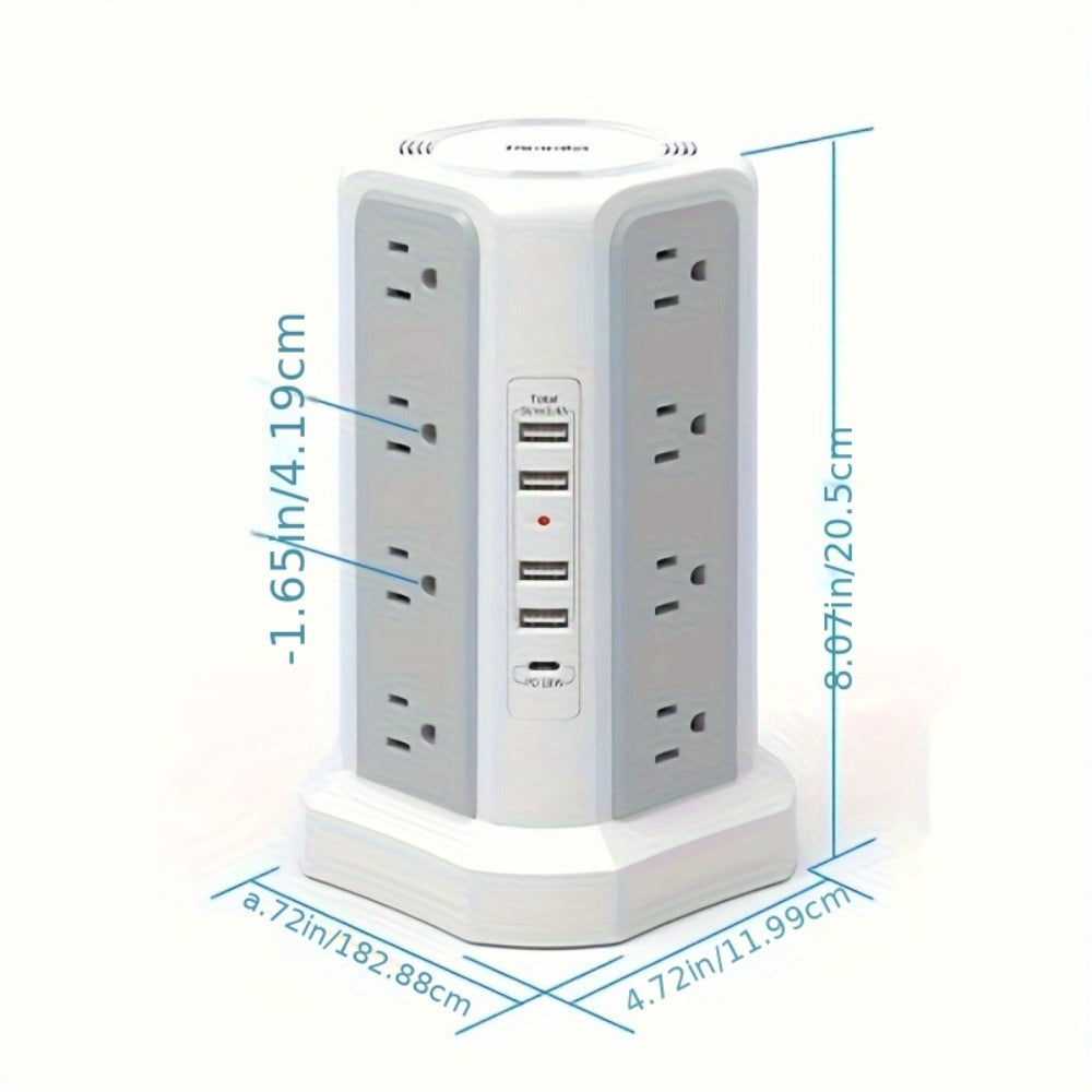 PD18W USB-C Power Strip Tower 21-in-1, 16 AC Outlets & 5 USB Ports, 1500J Surge Protector, Angled Flat Plug