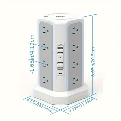 PD18W USB-C Power Strip Tower 21-in-1, 16 AC Outlets & 5 USB Ports, 1500J Surge Protector, Angled Flat Plug