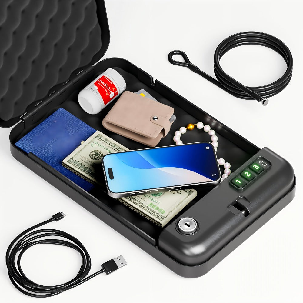 Portable Pistol Safe with Three-Digit Electronic Keypad, Backup Keys, USB-C Cable and 3.28 ft Security Cable