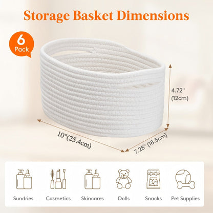 Basket Storage Organizer 6-Pack Cotton Rope Cube Bins 11 x 7 x 5 Inch in Five Color Options