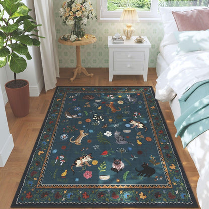 Area Rug, Vintage Blue Cat and Floral Low-Pile Carpet in Rectangle, Runner and Round Size Options