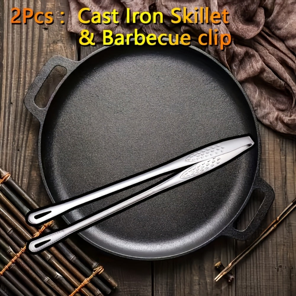 28cm Cast Iron Skillet Bundle with Barbecue Tongs and Optional 304 Stainless Steel Box in 2- or 3-Piece Sets