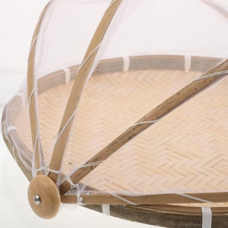 Handwoven Bamboo-Style Food Storage Basket with Lid and Mesh Cover in Light Yellow Finish for Kitchen