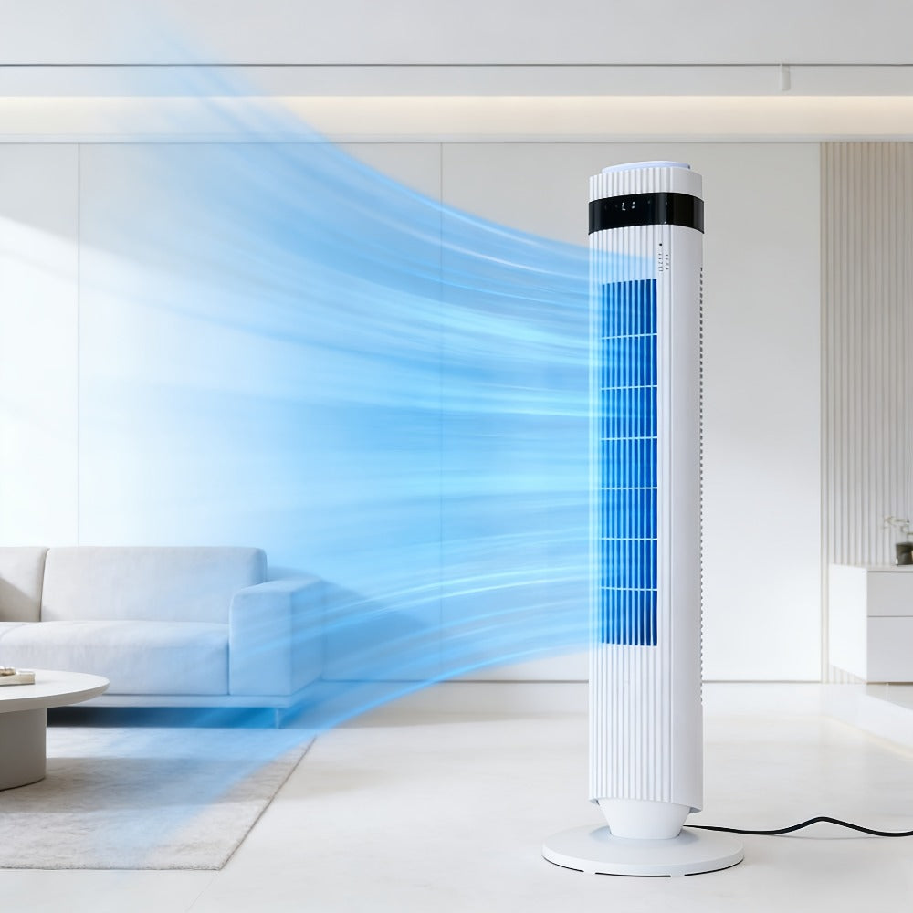 Floor-Standing Tower Fan with Circular LED Display, 7.68-Inch Base and Black, White or Gray Finish