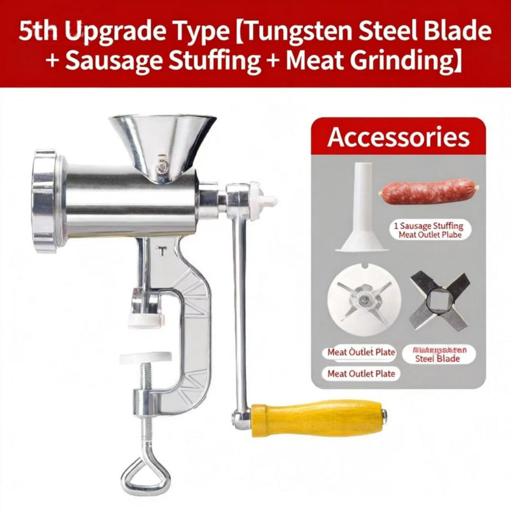 Size 5 Manual Meat Grinder with Table Clamp, Hand Crank, Cutting Plate, Blade and Sausage Nozzle