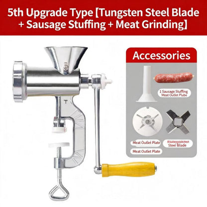 Size 5 Manual Meat Grinder with Table Clamp, Hand Crank, Cutting Plate, Blade and Sausage Nozzle