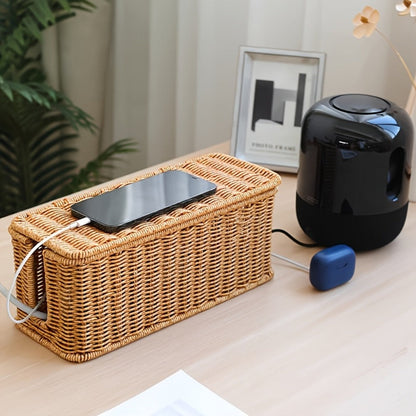 Woven Rattan-Look Cable Management Box with Hinged Lid and Pictured 34.1 cm Exterior Length