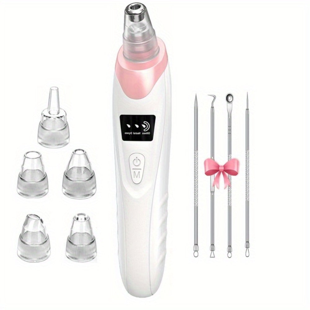Pink Pore Vacuum Blackhead Remover with 3 Suction Levels, 5 Heads and 4 Manual Extractor Tools
