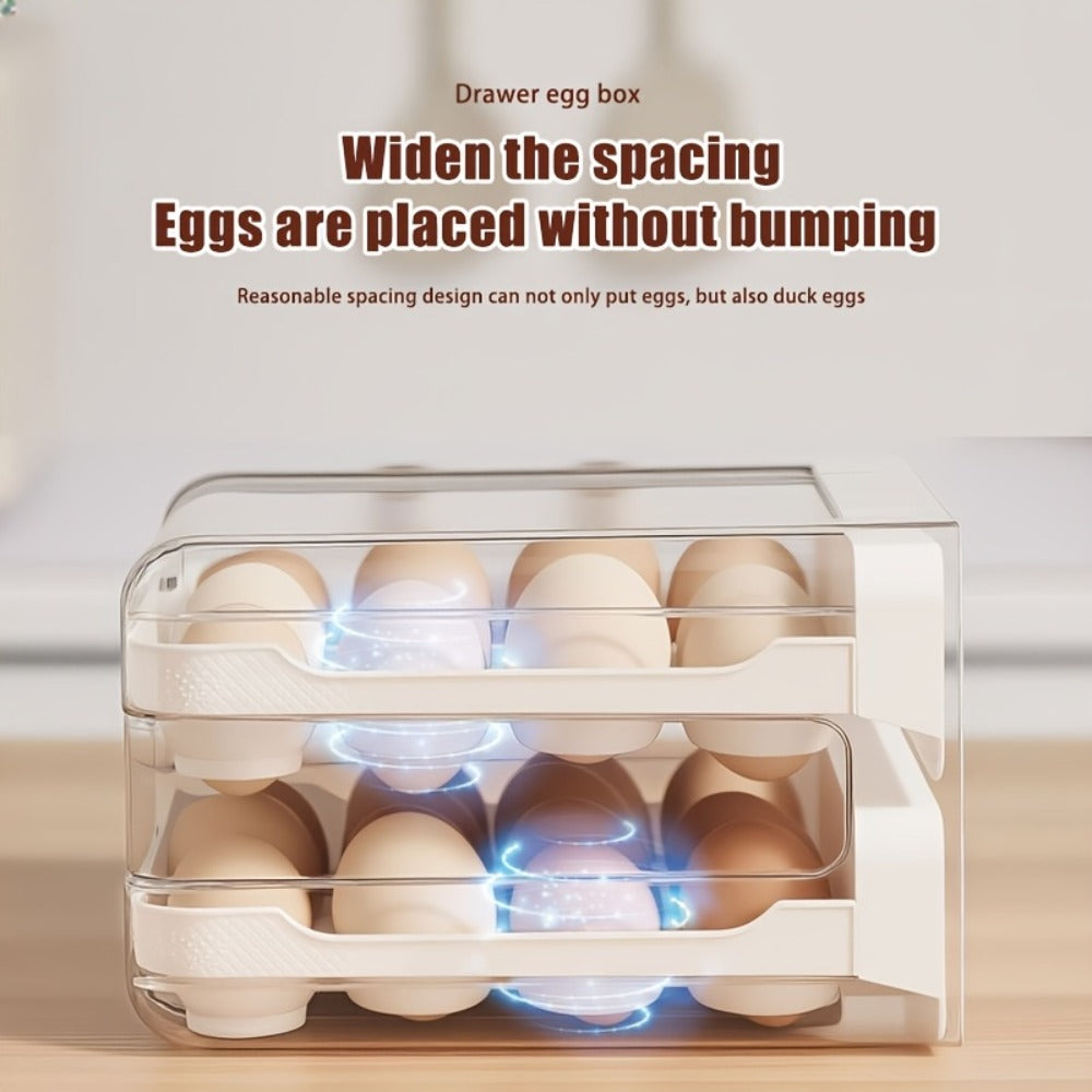 White Double-Layer Refrigerator Egg Storage Drawer with 32-Grid Tray and Clear Stackable Cover