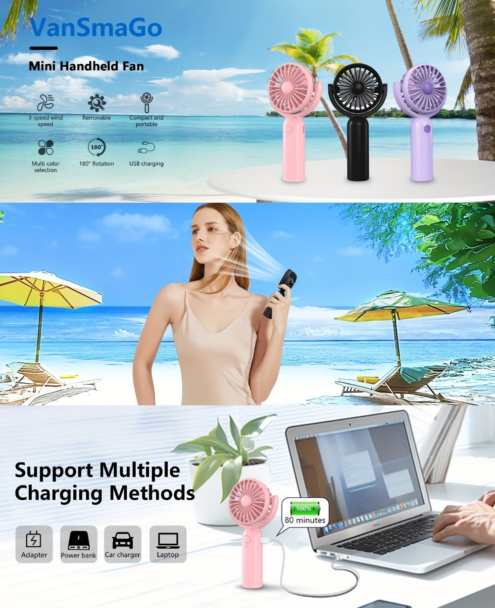 Mini Handheld Fan Set with Pivoting Heads, Three Speeds, USB-C Charging and 3- or 6-Piece Color Packs