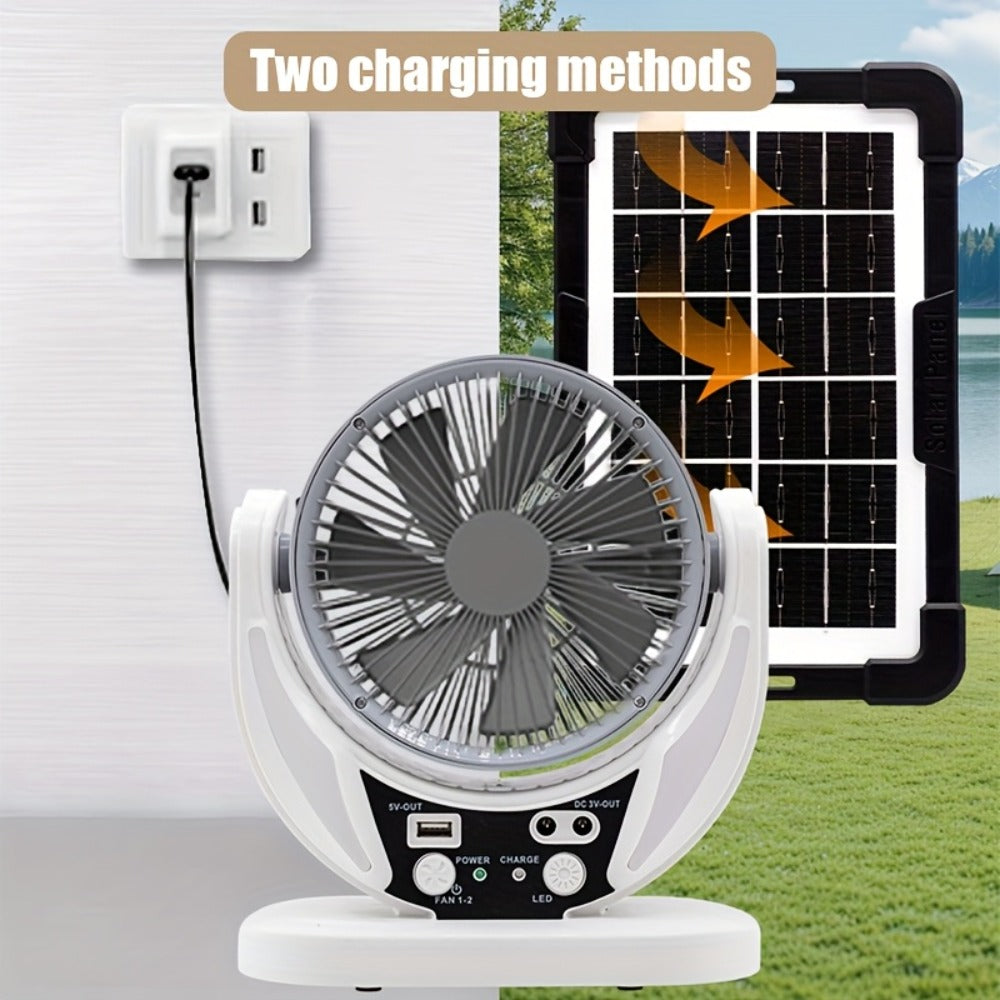 Solar Desk Fan with Adjustable Stand, Separate Panel, USB Input, Phone Output and 1-Piece Package
