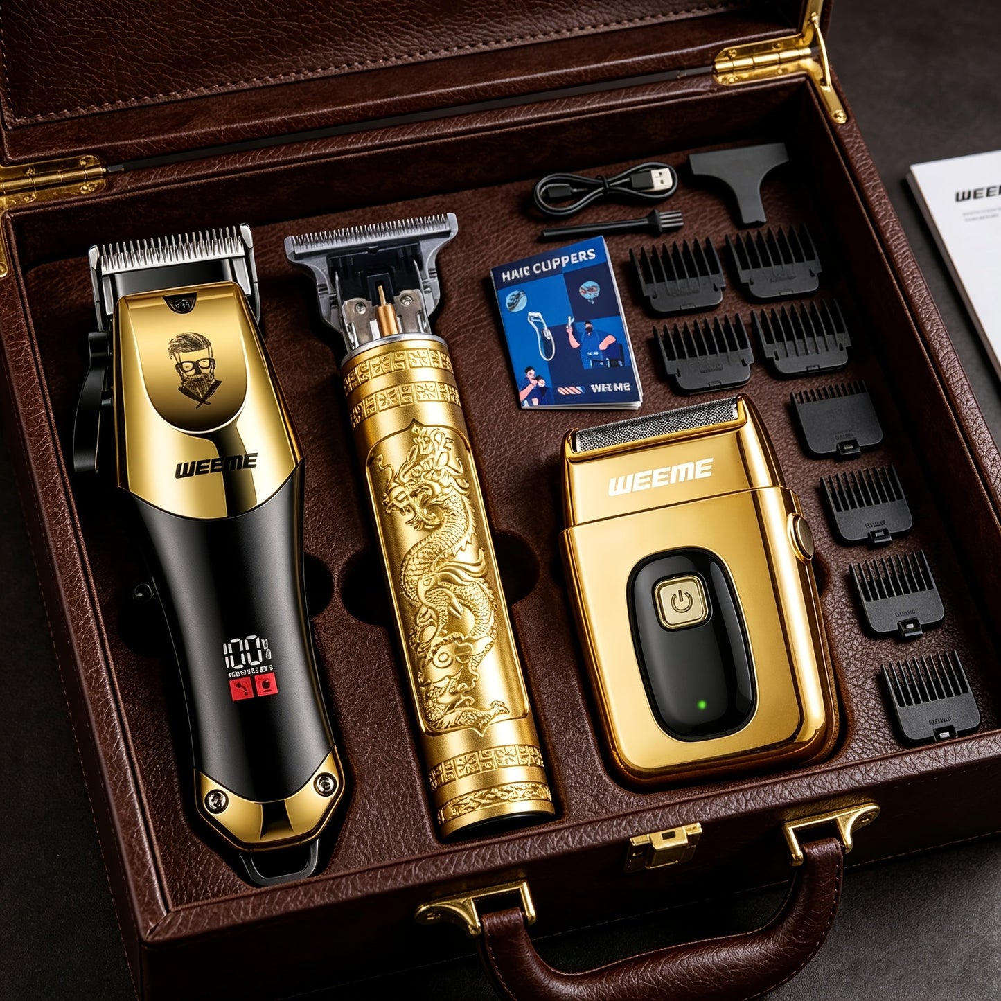 Professional Hair Clipper Set for Men – 3pcs Golden Cordless Kit with Beard Trimmer & T-Blade Trimmer, Hair Cutting & Styling Tools, Ideal Birthday & Father’s Day Gift for Men